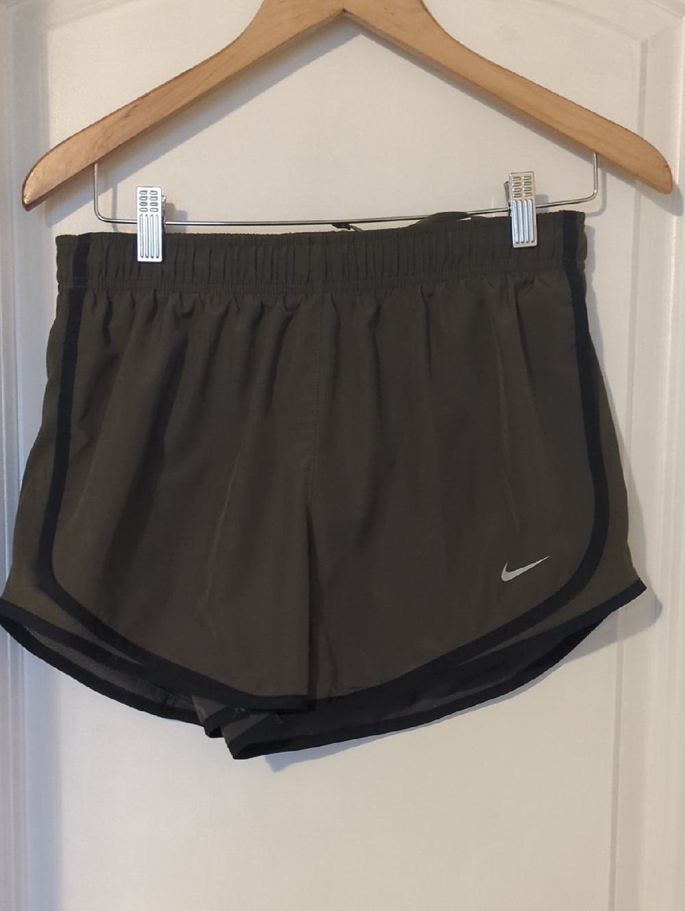 Nike Women's Olive Green Athletic Running Shorts with Black Trim